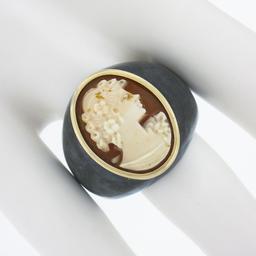 Vintage Carved Black Stone Wide Band Ring w/ 10k Gold Bezel Set Shell Cameo