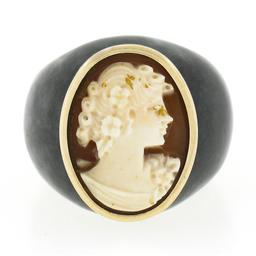 Vintage Carved Black Stone Wide Band Ring w/ 10k Gold Bezel Set Shell Cameo