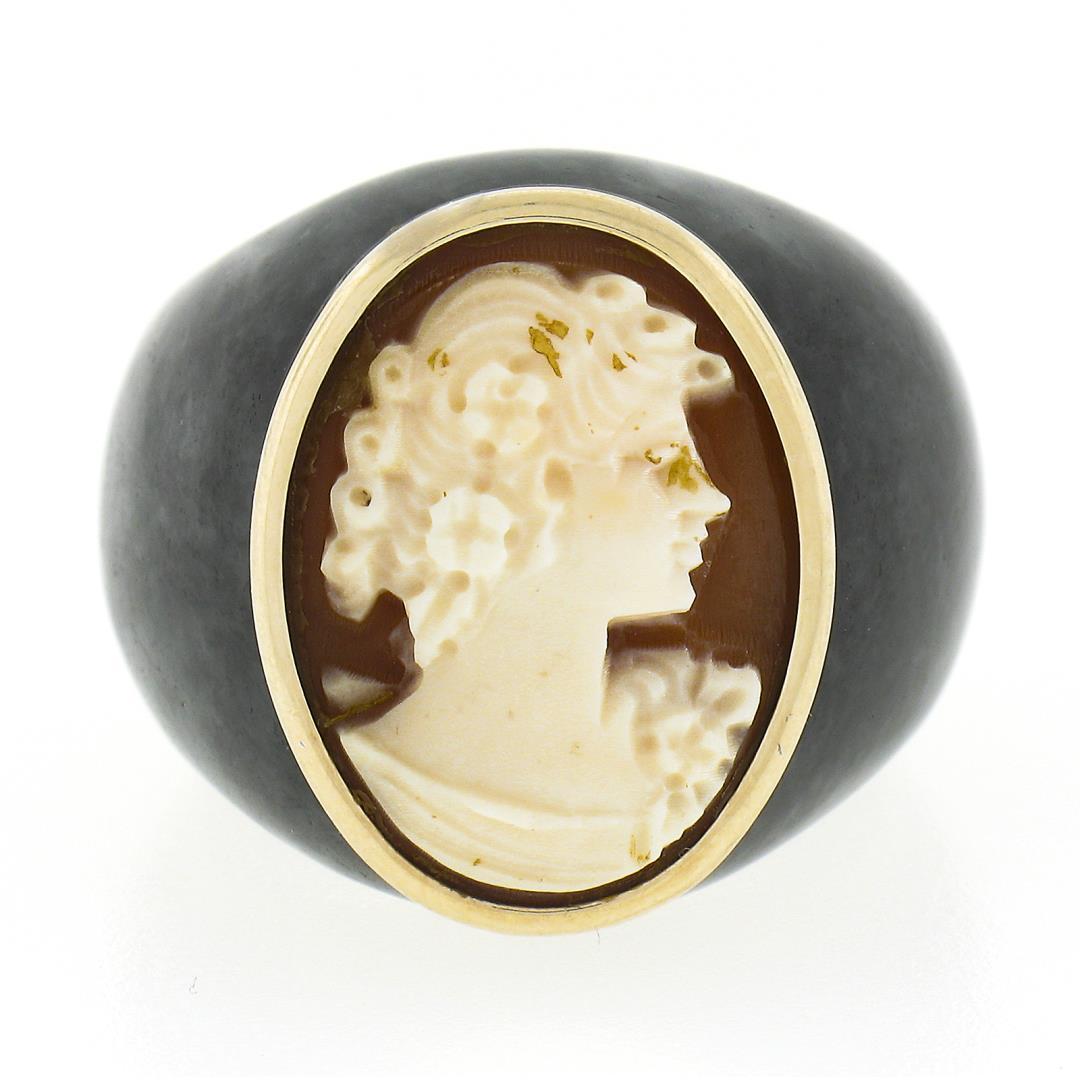 Vintage Carved Black Stone Wide Band Ring w/ 10k Gold Bezel Set Shell Cameo