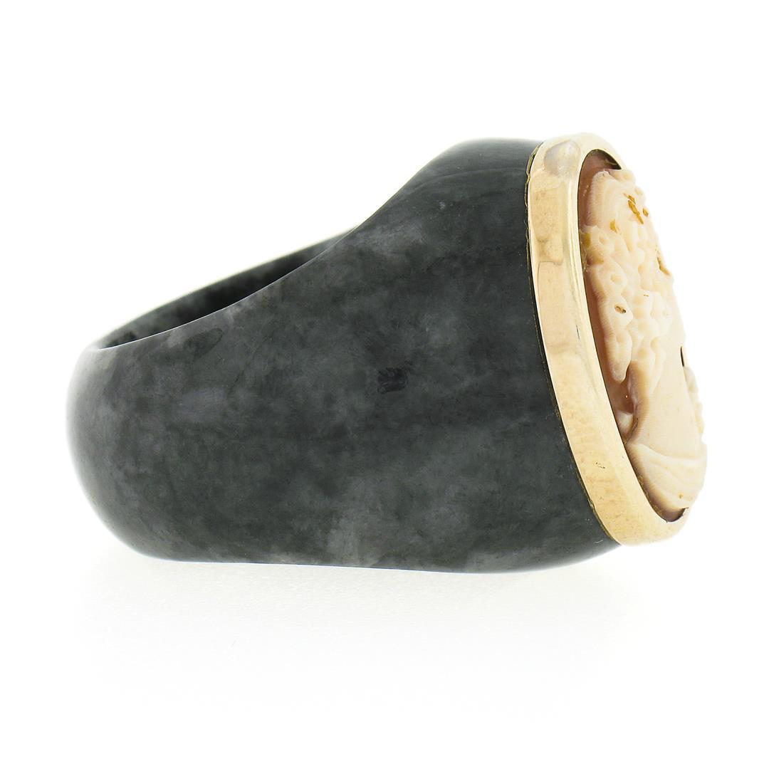 Vintage Carved Black Stone Wide Band Ring w/ 10k Gold Bezel Set Shell Cameo