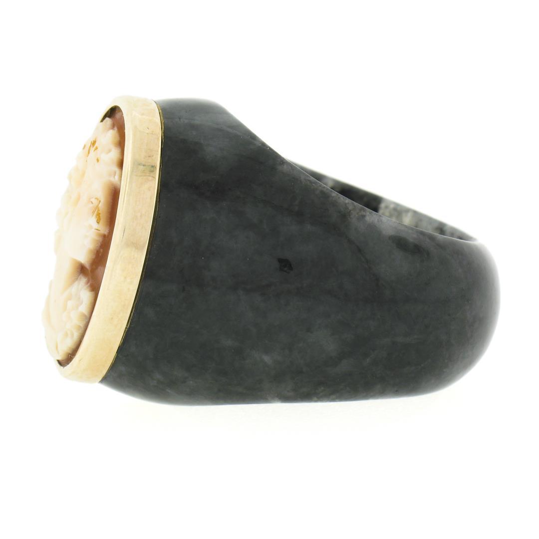 Vintage Carved Black Stone Wide Band Ring w/ 10k Gold Bezel Set Shell Cameo