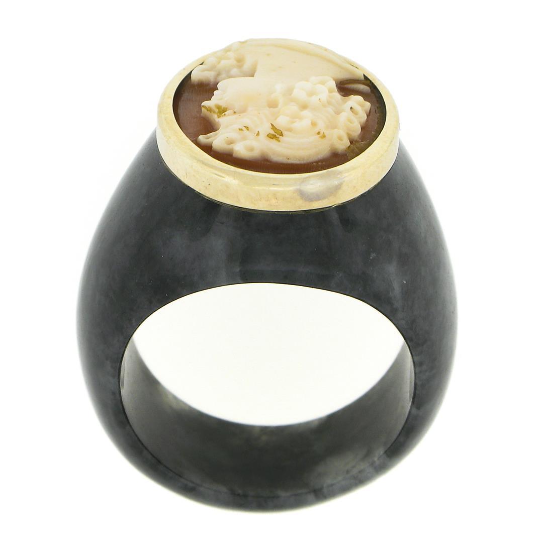 Vintage Carved Black Stone Wide Band Ring w/ 10k Gold Bezel Set Shell Cameo