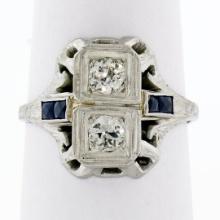 Antique Art Deco 18K White Gold .46 ctw Diamond Sapphire Open Etched Dinner Ring