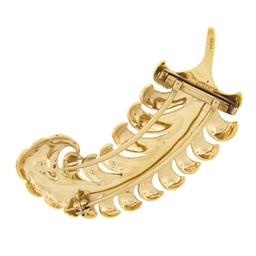 Vintage 14K Yellow Gold Detailed Textured Finish Large Feather Brooch Pin