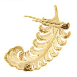 Vintage 14K Yellow Gold Detailed Textured Finish Large Feather Brooch Pin
