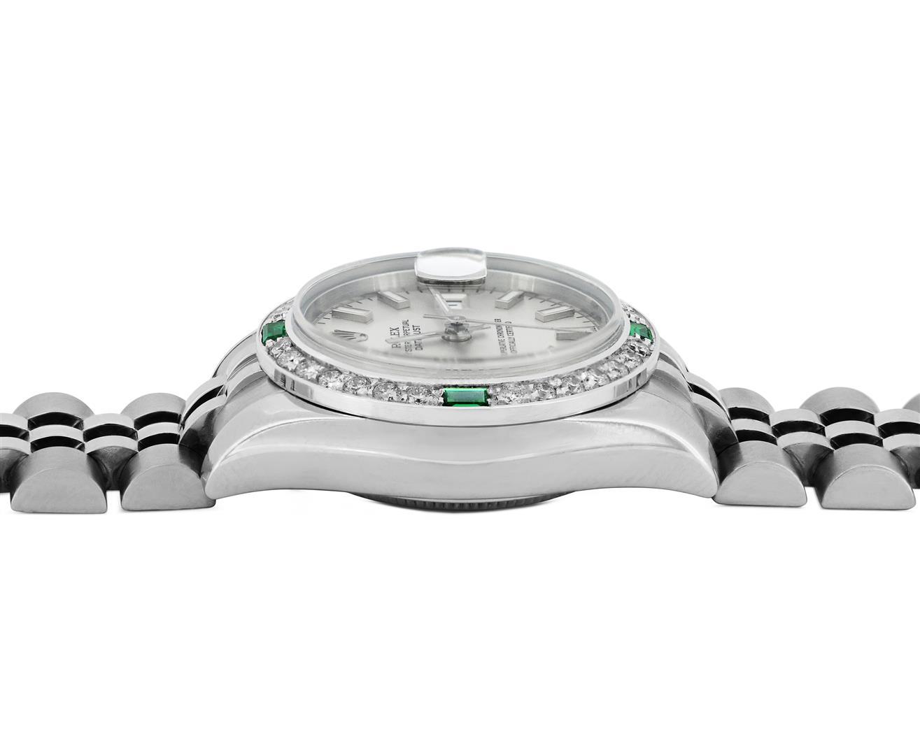 Rolex Ladies Quickset Silver Dial 18K White Gold Diamond And Emerald Datejust