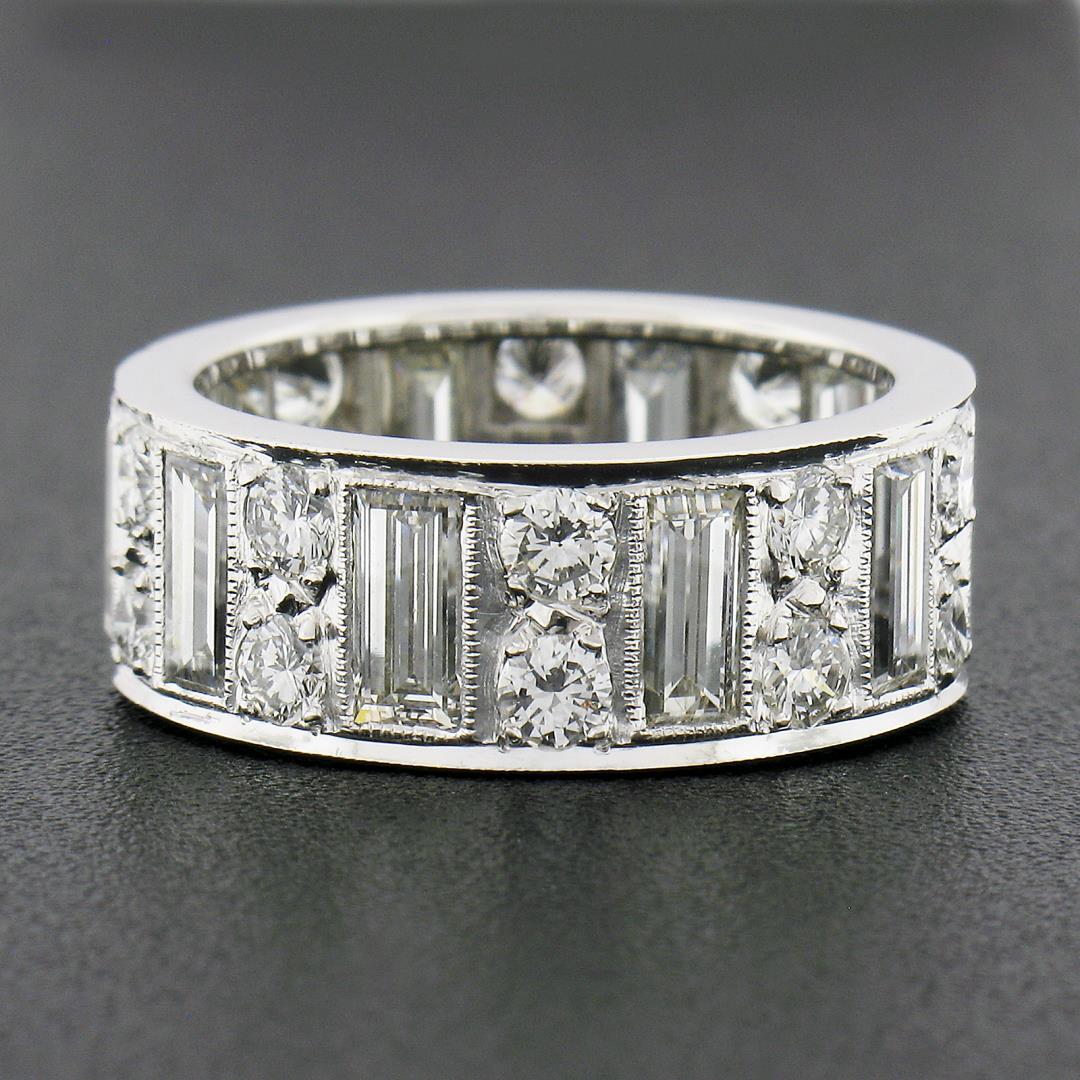 Platinum 4 ctw Straight Baguette & Round High Quality Diamond Eternity Band Ring