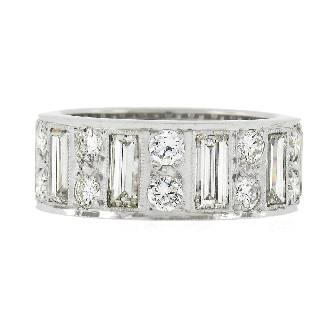Platinum 4 ctw Straight Baguette & Round High Quality Diamond Eternity Band Ring