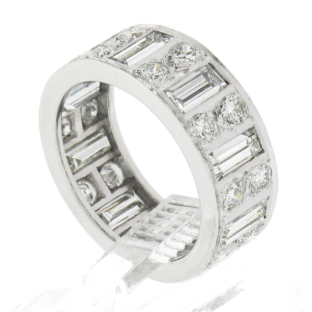 Platinum 4 ctw Straight Baguette & Round High Quality Diamond Eternity Band Ring