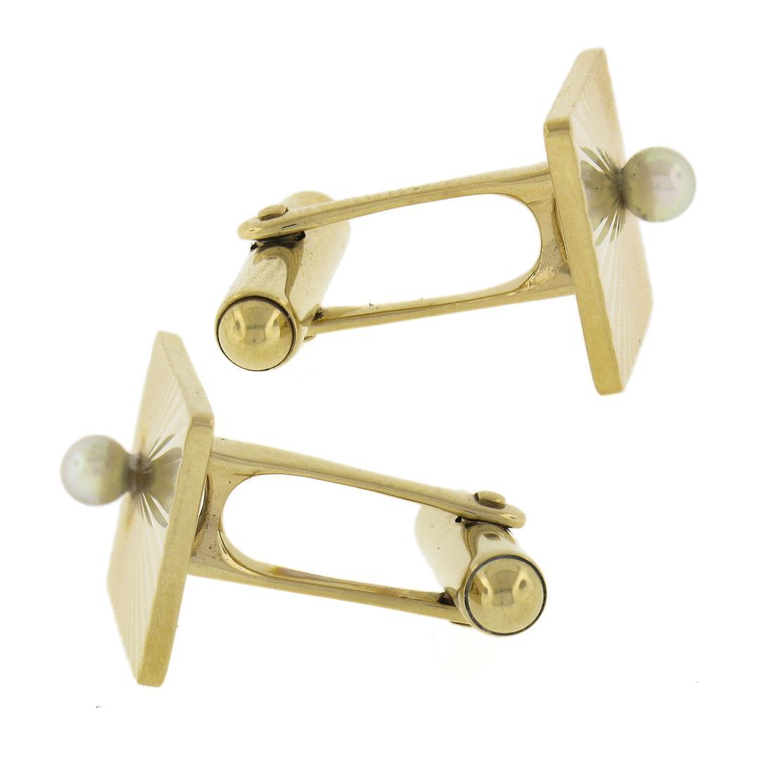 Vintage 14K Gold Rectangular Sunburst Fluted Finish Cuff Links w/ Bead Pearl