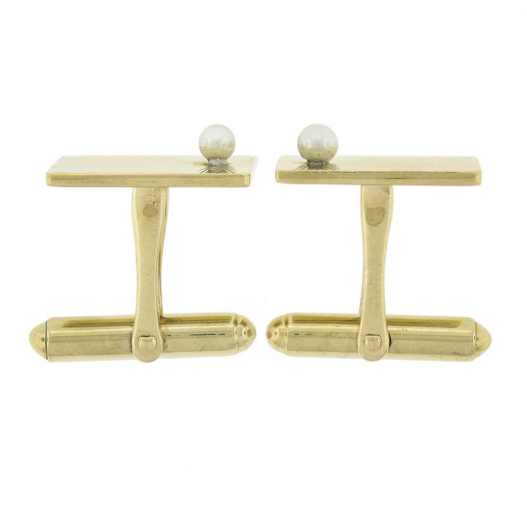 Vintage 14K Gold Rectangular Sunburst Fluted Finish Cuff Links w/ Bead Pearl