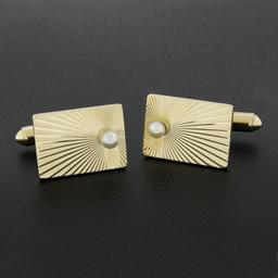 Vintage 14K Gold Rectangular Sunburst Fluted Finish Cuff Links w/ Bead Pearl
