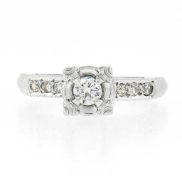 Vintage 14k White Gold 0.24 ctw Illusion Set Round Diamond Engagement Promise Ri
