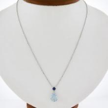 New 14k Gold 2.44 ctw Pear Aquamarine & Sapphire Pendant & Adjustable Cable Chai