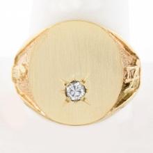Men's 14K Gold 0.17 ctw Diamond Engraveable Firefighter Textured Oval Signet Rin
