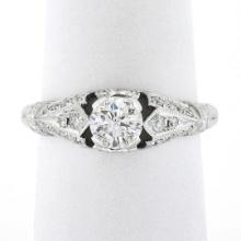 New 14k White Gold.85 ctw Round Diamond Milgrain & Wheat Engraved Engagement Rin