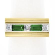 Unisex Vintage 18k Gold 1.10 ctw Baguette Tourmaline & Square Diamond Band Ring