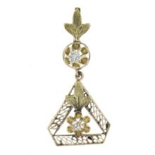 Antique 10K Gold 0.07 ctw Diamond Open Work Floral Drop Dangle Lavalier Pendant