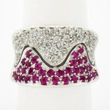 Italian 14k White Gold Pink Sapphire & Diamond Wavy Design Wide Cigar Band Ring