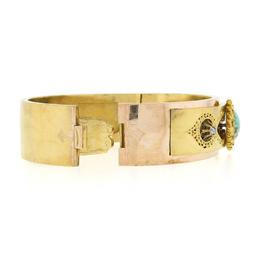 Antique Etruscan Revival 14K Gold Turquoise & Rose Cut Diamond Bangle Bracelet