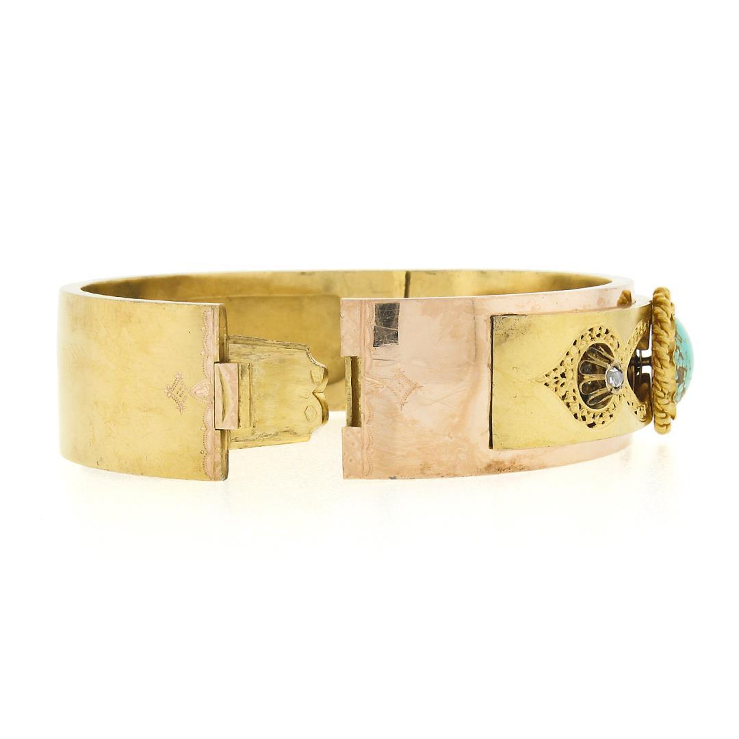 Antique Etruscan Revival 14K Gold Turquoise & Rose Cut Diamond Bangle Bracelet