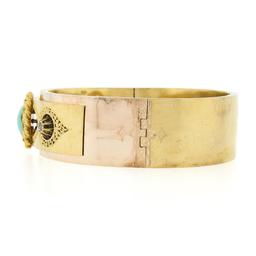 Antique Etruscan Revival 14K Gold Turquoise & Rose Cut Diamond Bangle Bracelet
