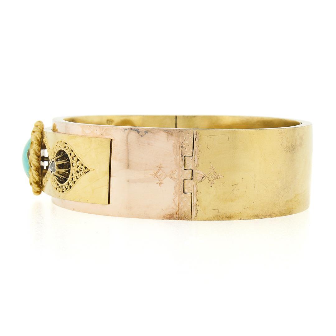 Antique Etruscan Revival 14K Gold Turquoise & Rose Cut Diamond Bangle Bracelet