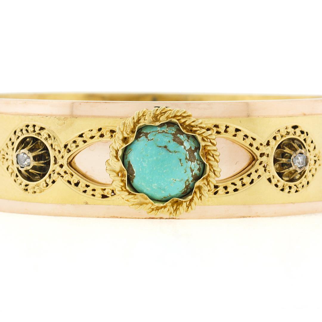 Antique Etruscan Revival 14K Gold Turquoise & Rose Cut Diamond Bangle Bracelet