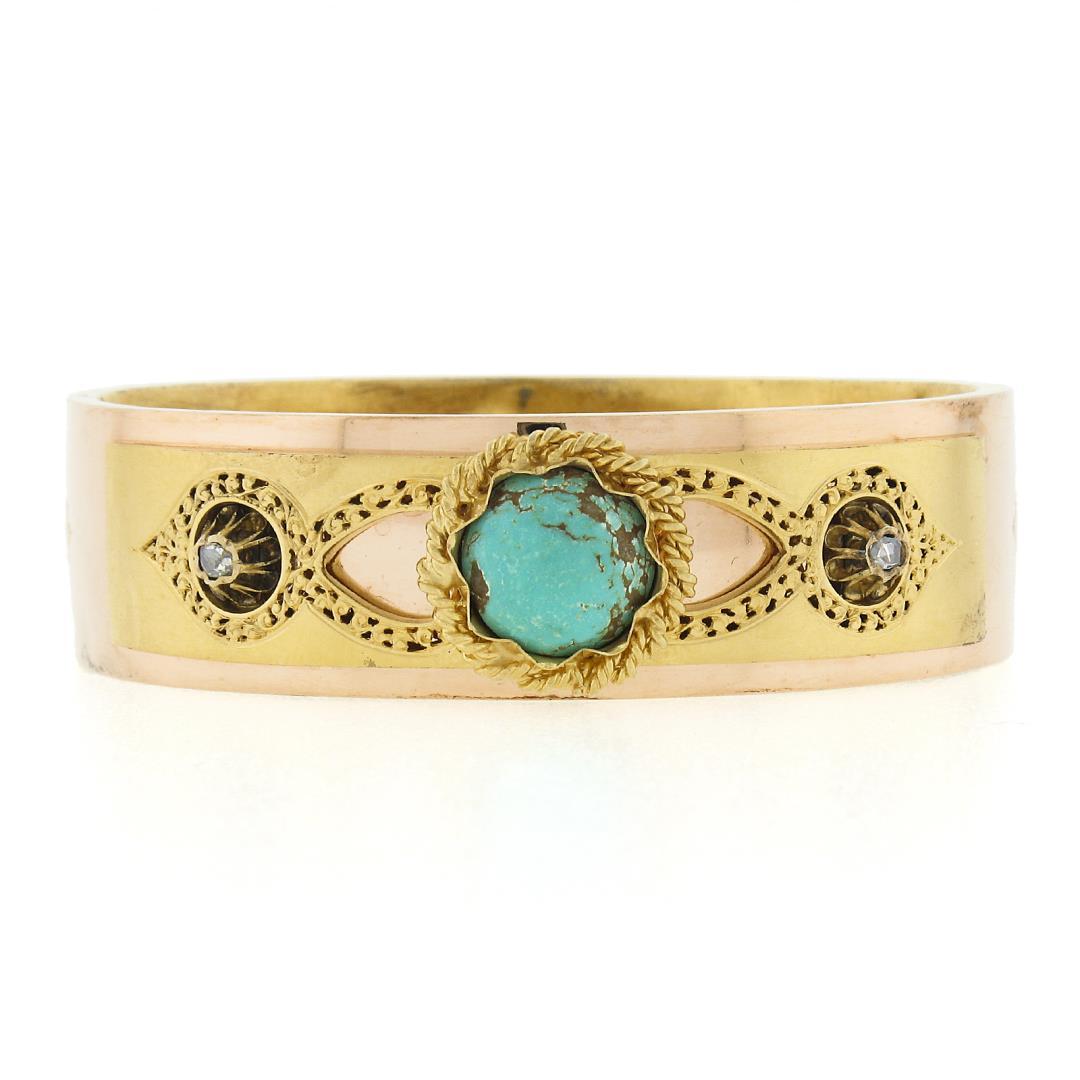 Antique Etruscan Revival 14K Gold Turquoise & Rose Cut Diamond Bangle Bracelet