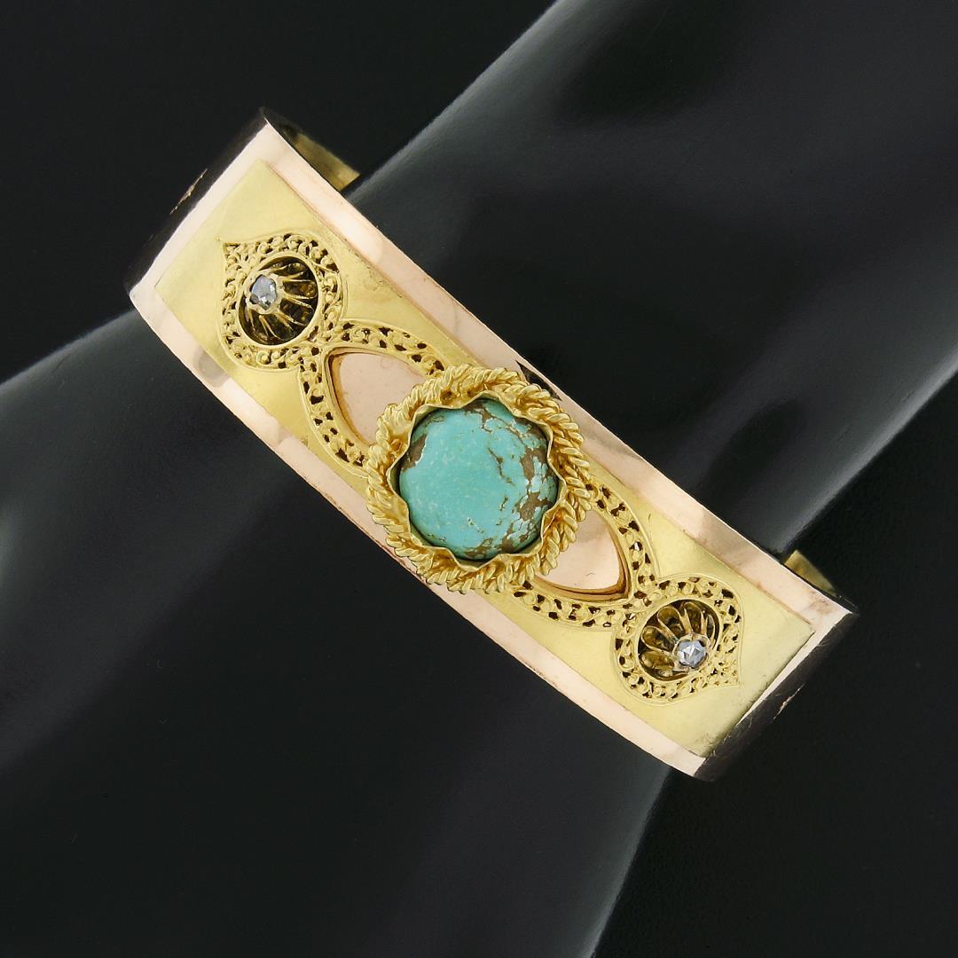 Antique Etruscan Revival 14K Gold Turquoise & Rose Cut Diamond Bangle Bracelet