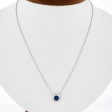 NEW 14K White Gold 1.07 ctw Round Sapphire & Diamond Halo Pendant Chain Necklace