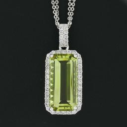 18K White Gold Rectangular Lemon Quartz Diamond Encrusted Bail Pendant Necklace