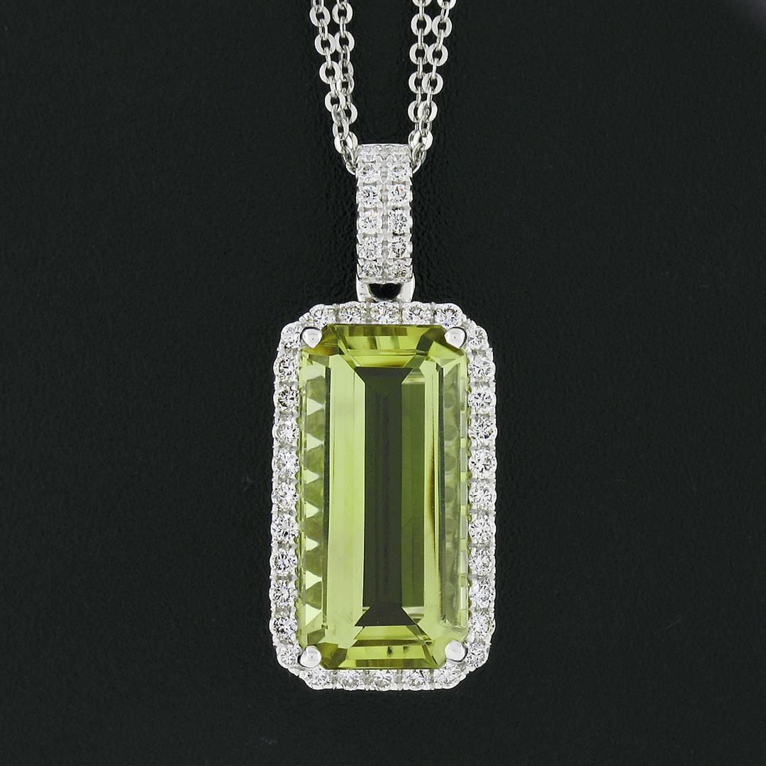 18K White Gold Rectangular Lemon Quartz Diamond Encrusted Bail Pendant Necklace