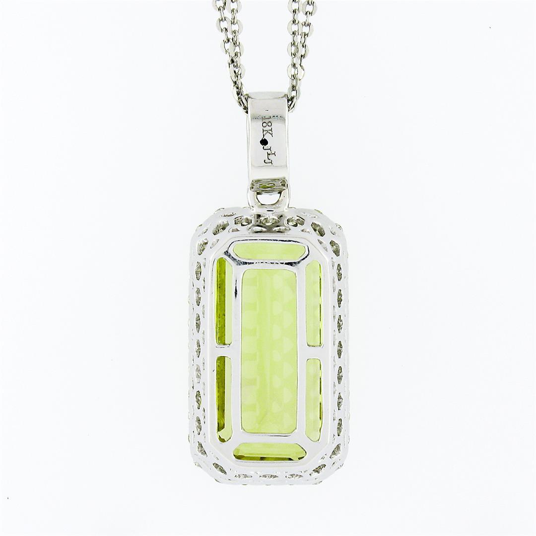 18K White Gold Rectangular Lemon Quartz Diamond Encrusted Bail Pendant Necklace