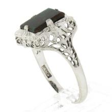 Antique Art Deco 14k White Gold Bloodstone Detailed Open Filigree Solitaire Ring