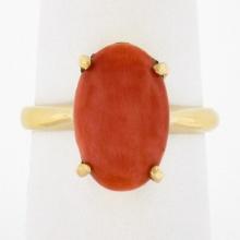 Vintage 14K Gold Elongated Oval Cabochon Pinkish-Orange Coral Solitaire Ring