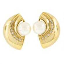 18k Yellow Gold 8mm Pearl & Pave Cubic Zirconia CZ Polished Half Circle Earrings