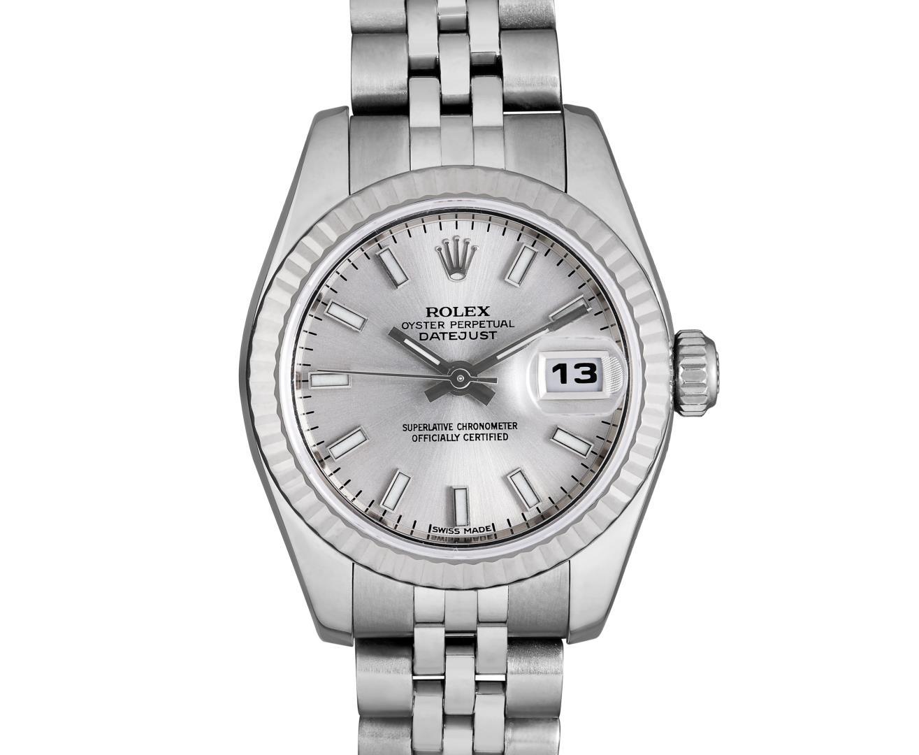 Rolex Ladies Quickset Silver Index White Gold Bezel With Hidden Clasp Jubilee Ba
