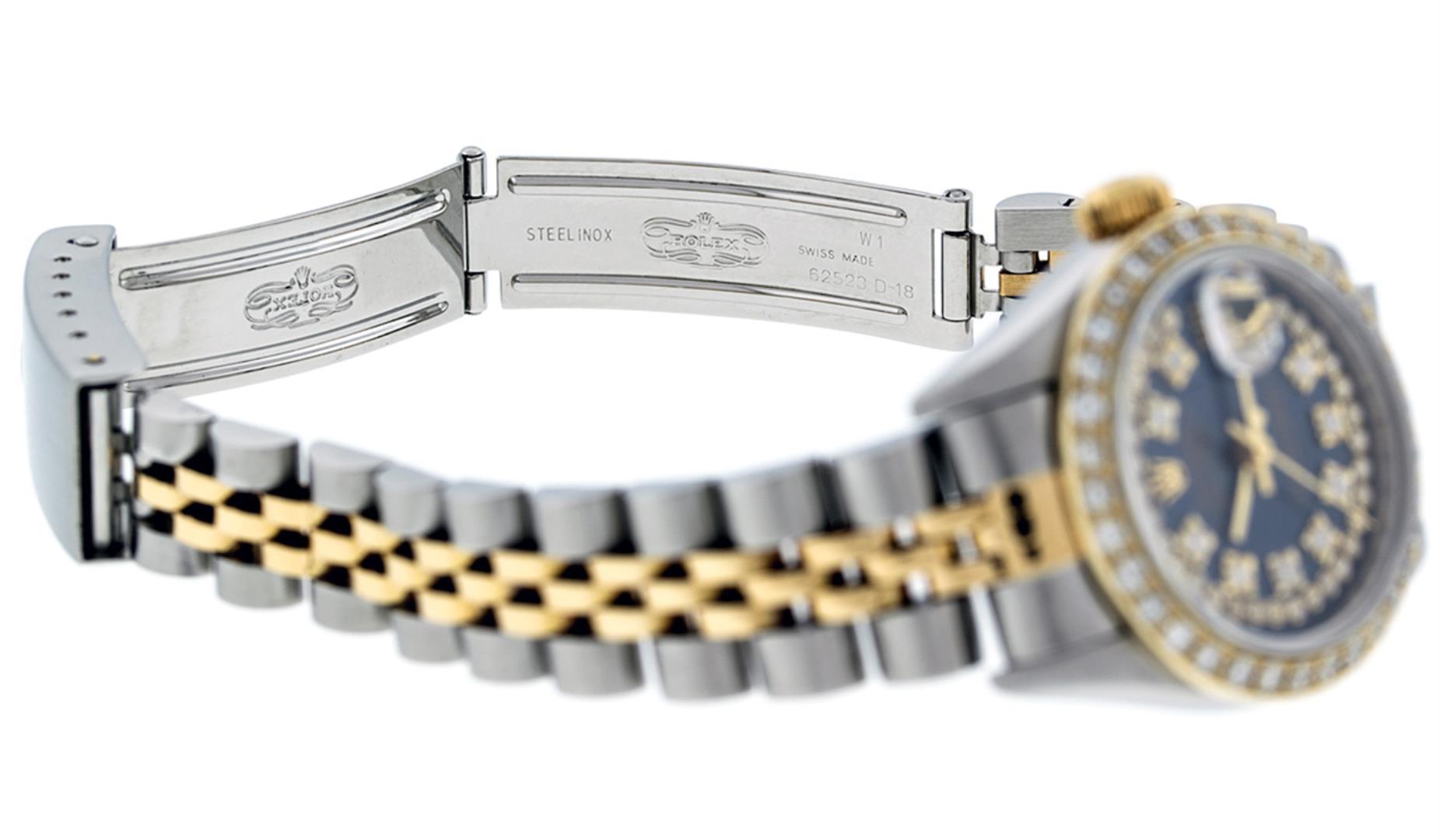 Rolex Ladies Two Tone Sapphire Quickset Blue String Diamond Datejust Wristwatch