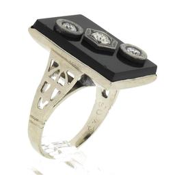 Vintage 10k White Gold Rectangular Black Onyx w/ Diamond Open Work Sides Ring