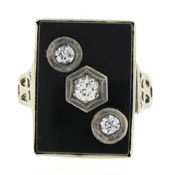 Vintage 10k White Gold Rectangular Black Onyx w/ Diamond Open Work Sides Ring
