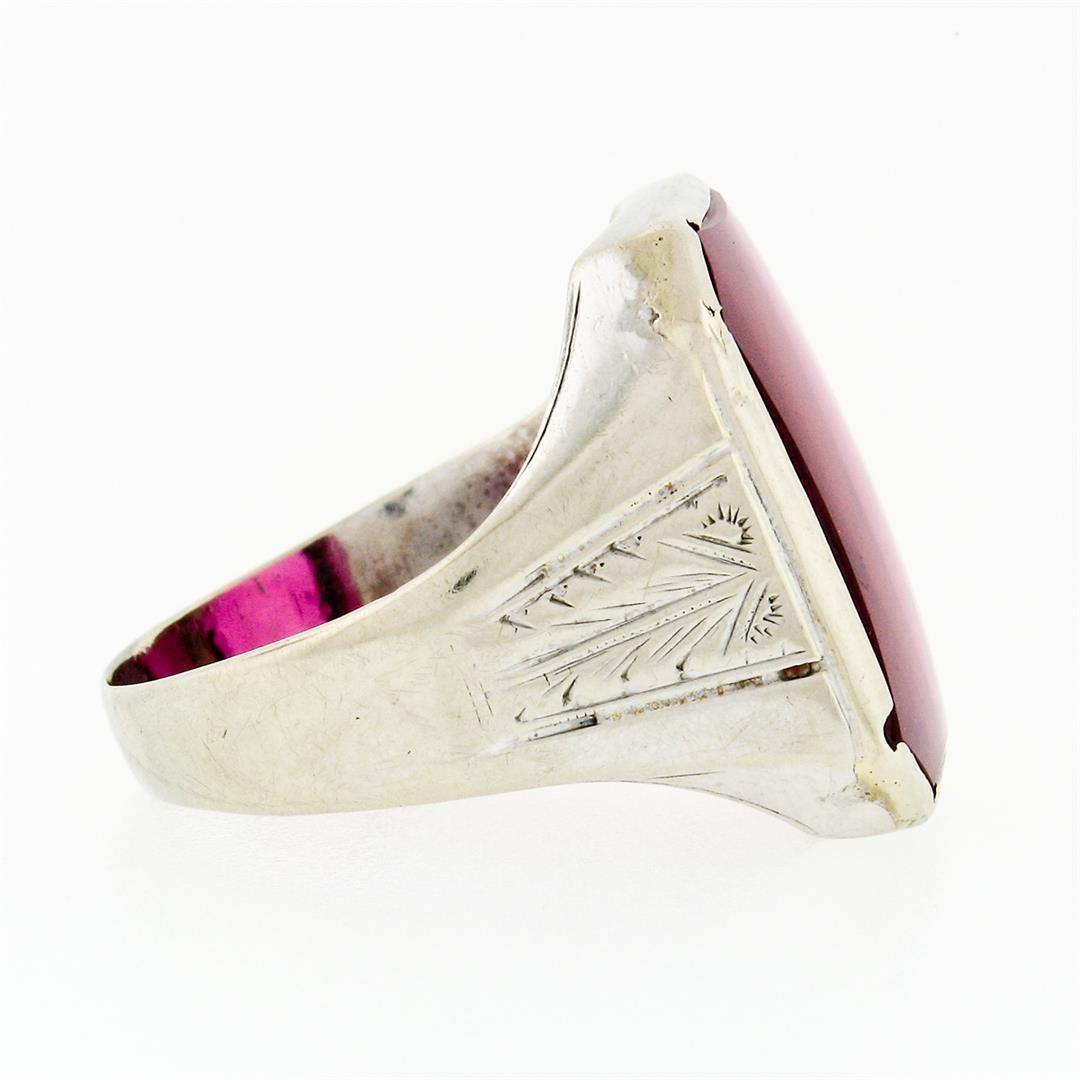 Antique Art Deco Mens Large Engraved 14k White Gold & Rectangular Red Stone Ring