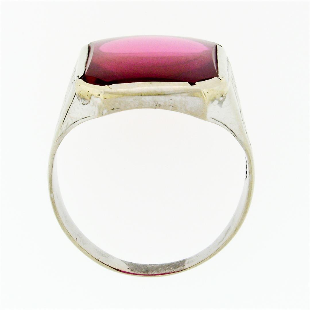 Antique Art Deco Mens Large Engraved 14k White Gold & Rectangular Red Stone Ring