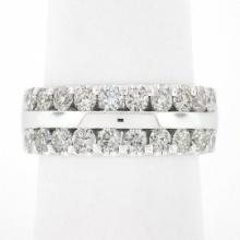 14k White Gold 1.20 ctw Dual Row Round Diamond w/ Polished Center Wide Band Ring