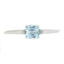 Vintage 14k White Gold Cushion Cut Blue Topaz & Diamond Unique Bar Pin Brooch