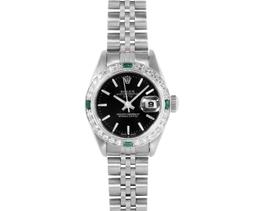 Rolex Ladies Stainless Steel Black Index Dial Diamond And Emerald Bezel Date Wri