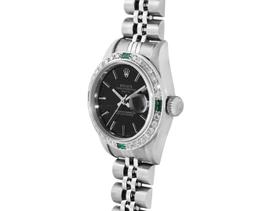 Rolex Ladies Stainless Steel Black Index Dial Diamond And Emerald Bezel Date Wri