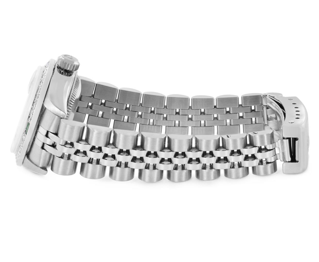 Rolex Ladies Stainless Steel Black Index Dial Diamond And Emerald Bezel Date Wri