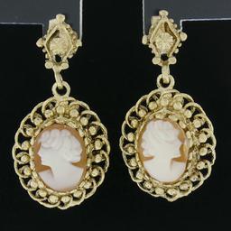 Vintage 14k Gold Fine Carved Shell Cameo W/ Twisted Wire Frame Dangle Earrings
