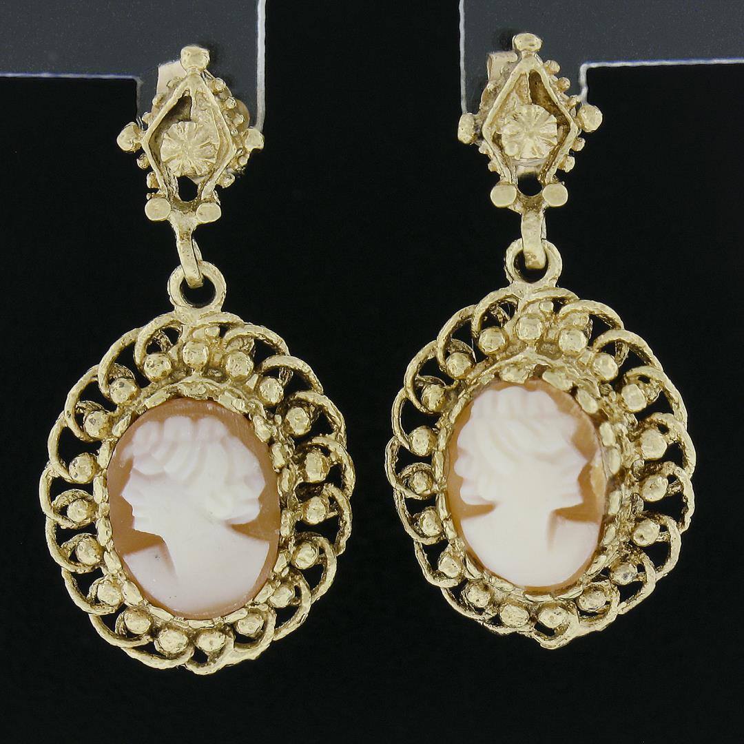 Vintage 14k Gold Fine Carved Shell Cameo W/ Twisted Wire Frame Dangle Earrings